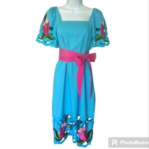 Vintage Jésus A Diaz Designer Blue Embroidered Dress S/M